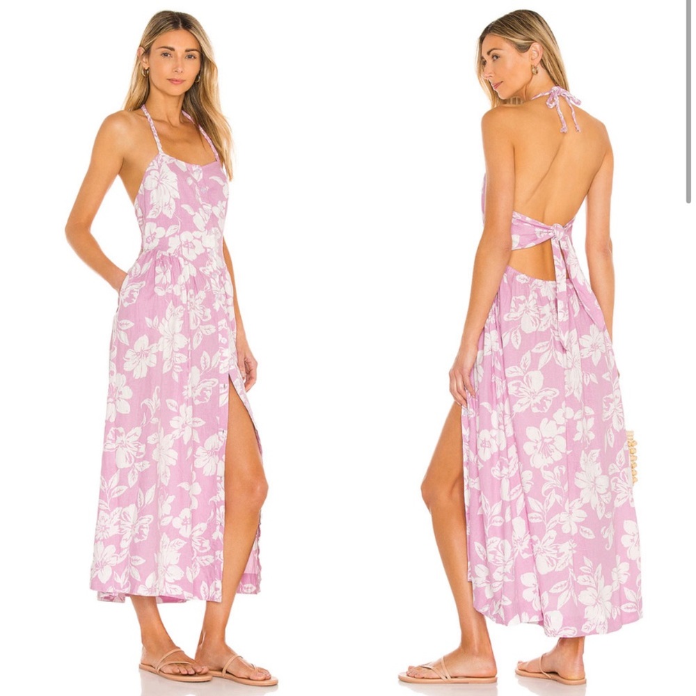 Free People Dress Size Small Pink White Midi Floral Linen Blend Perfect Sundress